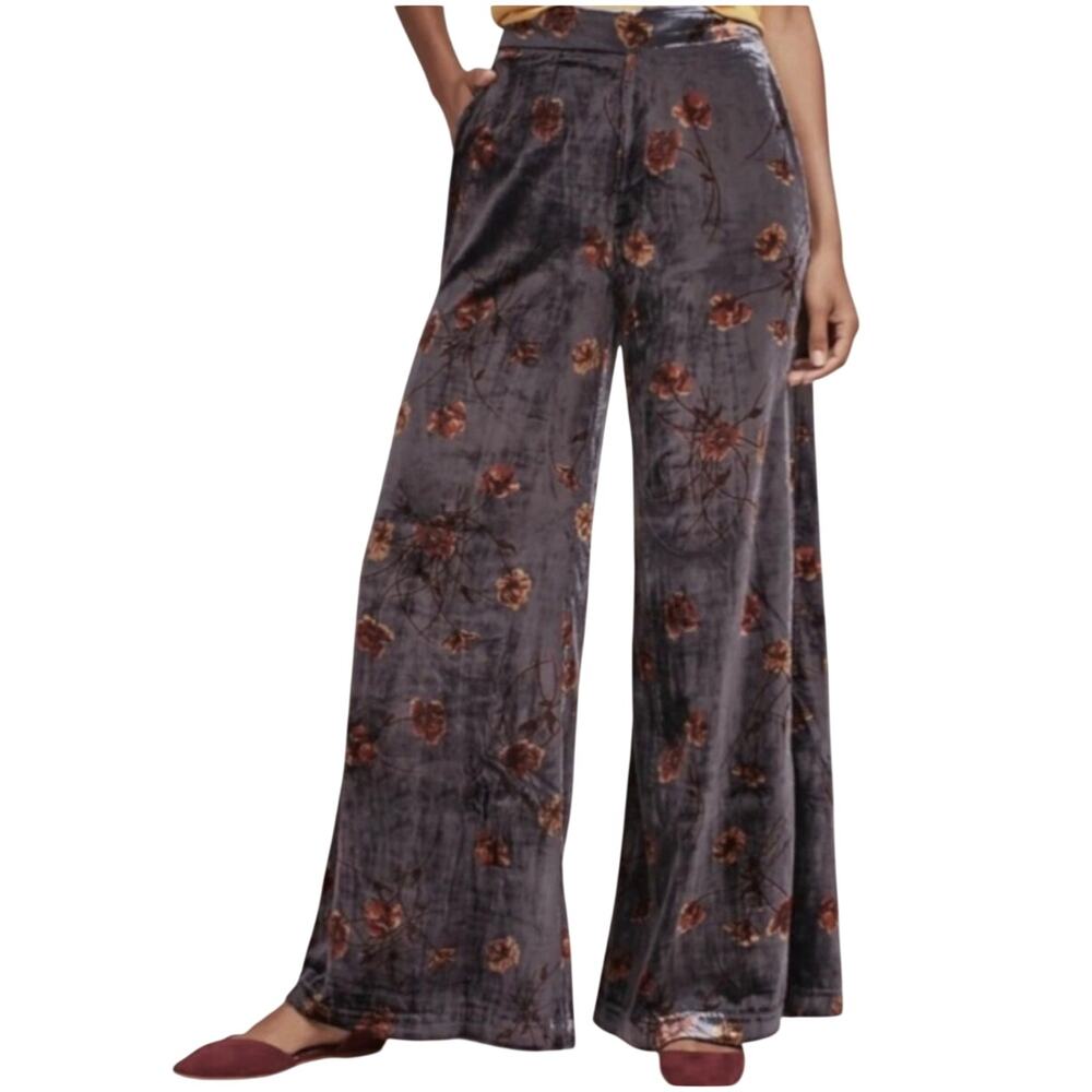 Ett:Twa Anthropologie Women’s M Pants Floral Velvet Wide Leg Boho Romantic Party